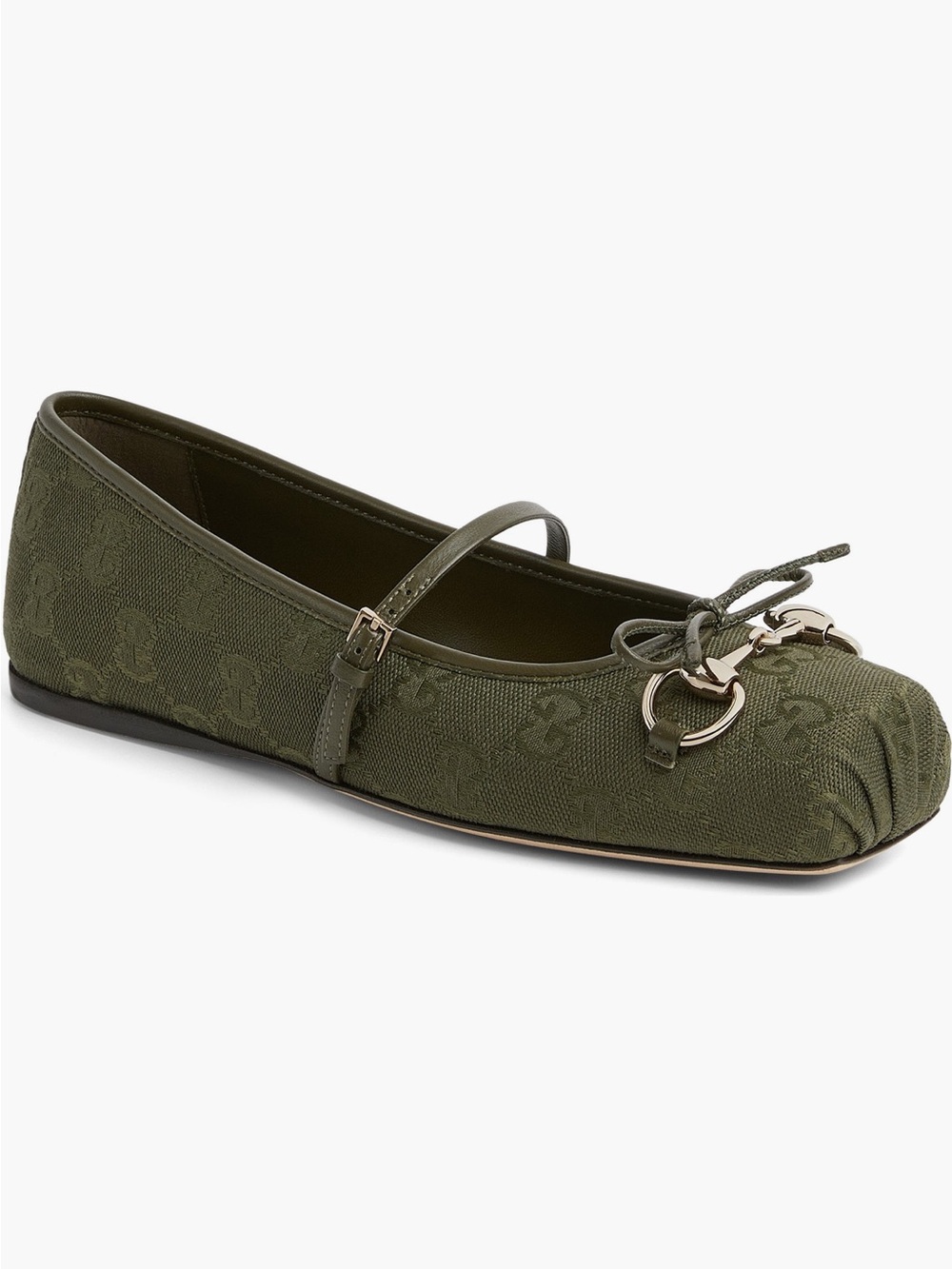 Authentic Gucci Horsebit Mary Jane Ballet Flat GG Logo Print Dark Green 8US 38EU